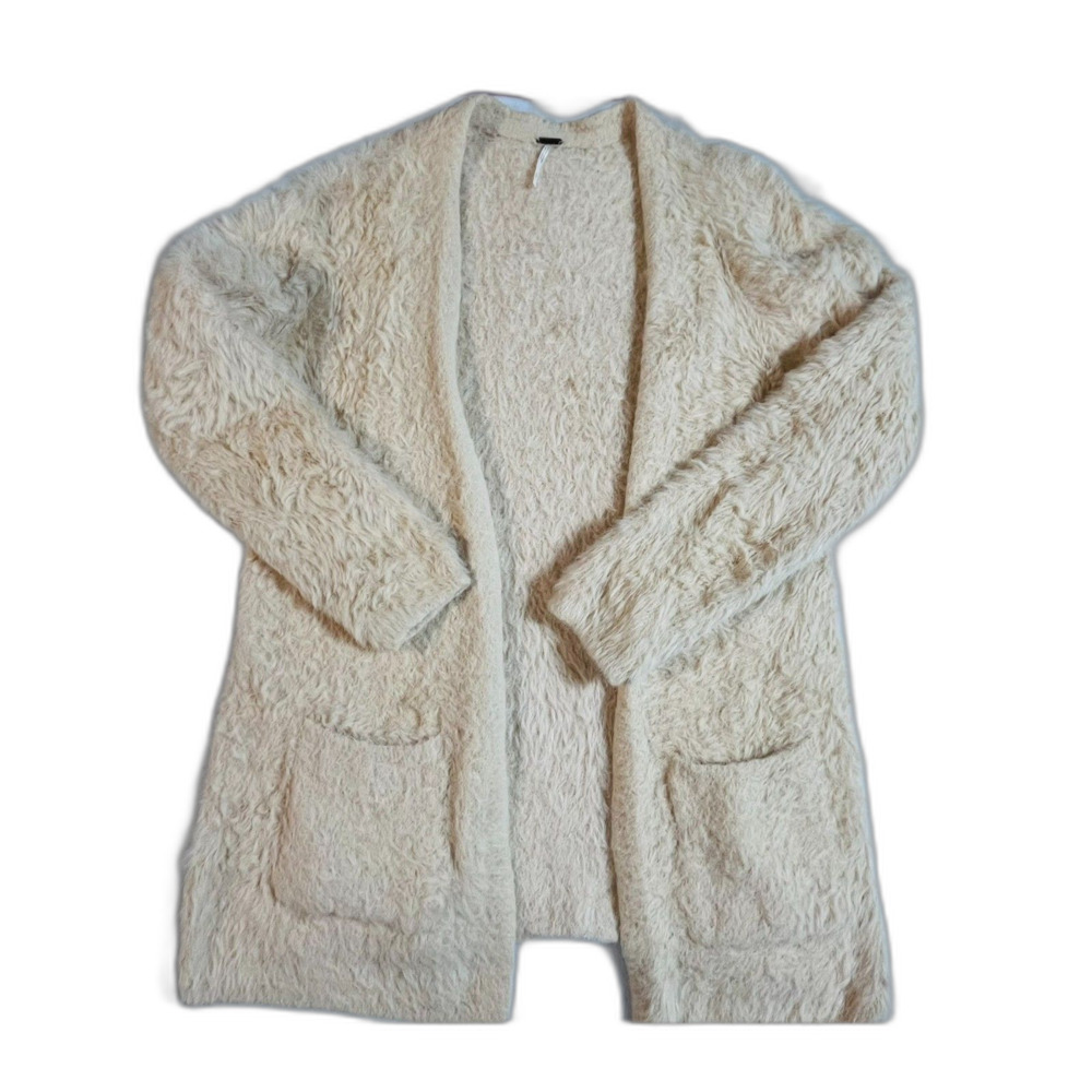 Free People Size Small Fuzzy Faux Fur Open Front Cardigan Pale Pink Sweater